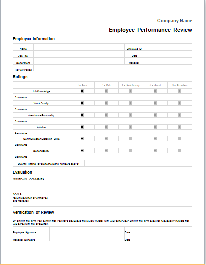 Employee Performance Review Form Templates for MS Word