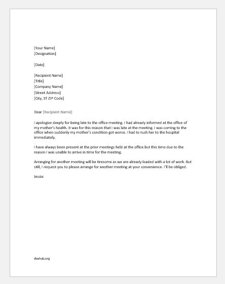 Apology Letter for Coming Late in Office Meeting | Document Hub