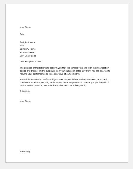 Letters Lifting Suspension of an Employee | Document Hub