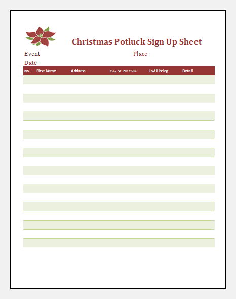 Christmas Potluck Signup Sheet Templates | Document Hub