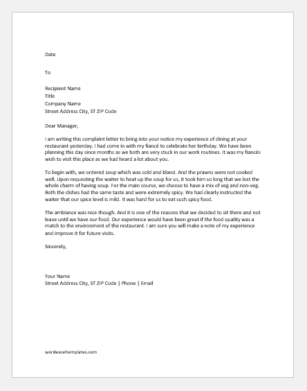 Complaint letter of poor quality of food | Document Hub