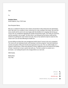 Complaint letter to school about boarding facilities