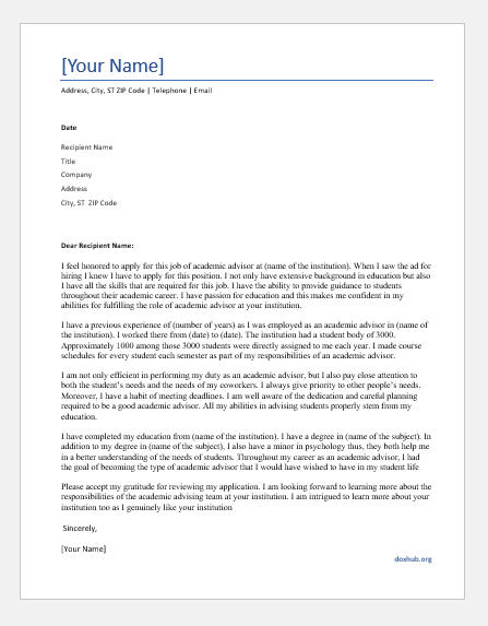 cover letter for an academic advisor position