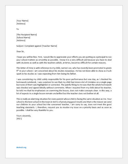 Complaint Letter against Teacher from Parent Document Hub