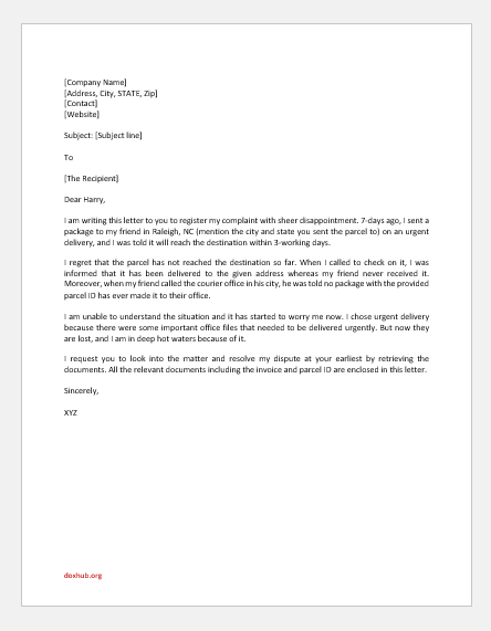 Complaint Letter to Courier Service for Lost Parcel ...