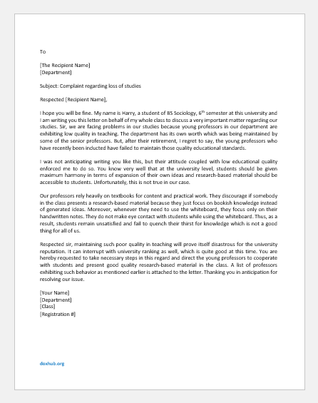 Complaint Letter to HoD for Low Quality of Teaching | Document Hub