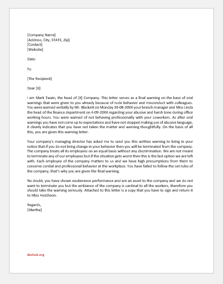 Warning Letter To Employee For Rude Behavior Document Hub