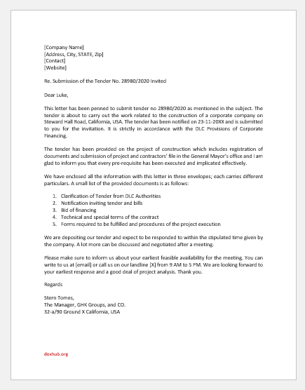 sample of tender submission cover letter pdf