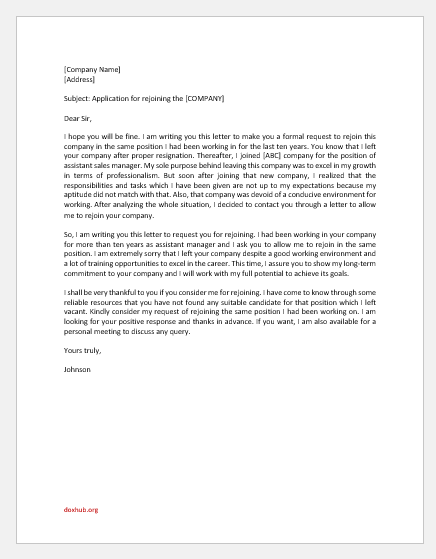sample cover letter returning to previous employer