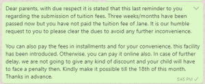 Tuition Fee Reminder Message to Parents