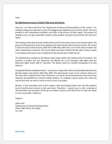 Letter on maintenance issues in school
