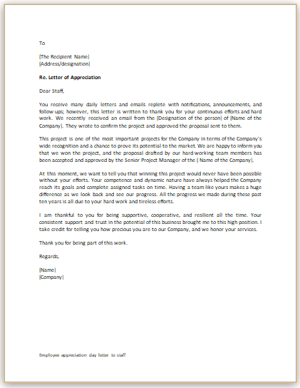 Employee Appreciation Day Letter to Staff | Download Samples
